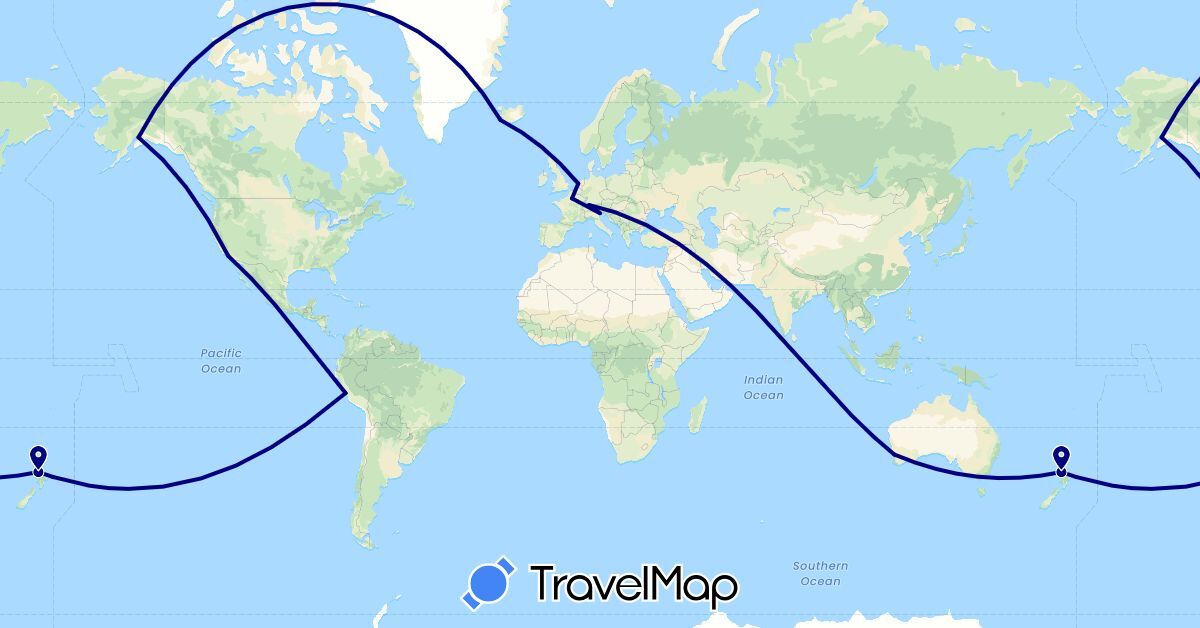 TravelMap itinerary: driving in Australia, Switzerland, France, Iceland, Italy, Netherlands, New Zealand, Peru, United States (Europe, North America, Oceania, South America)